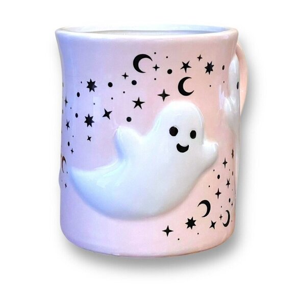 Cobwebs & Cauldrons Ghost Friends Coffee Mug Pink White Halloween Hand Painted - Picture 5 of 8